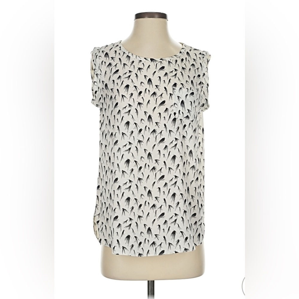 LOFT Cream Sleeveless Blouse with Black Feather Print